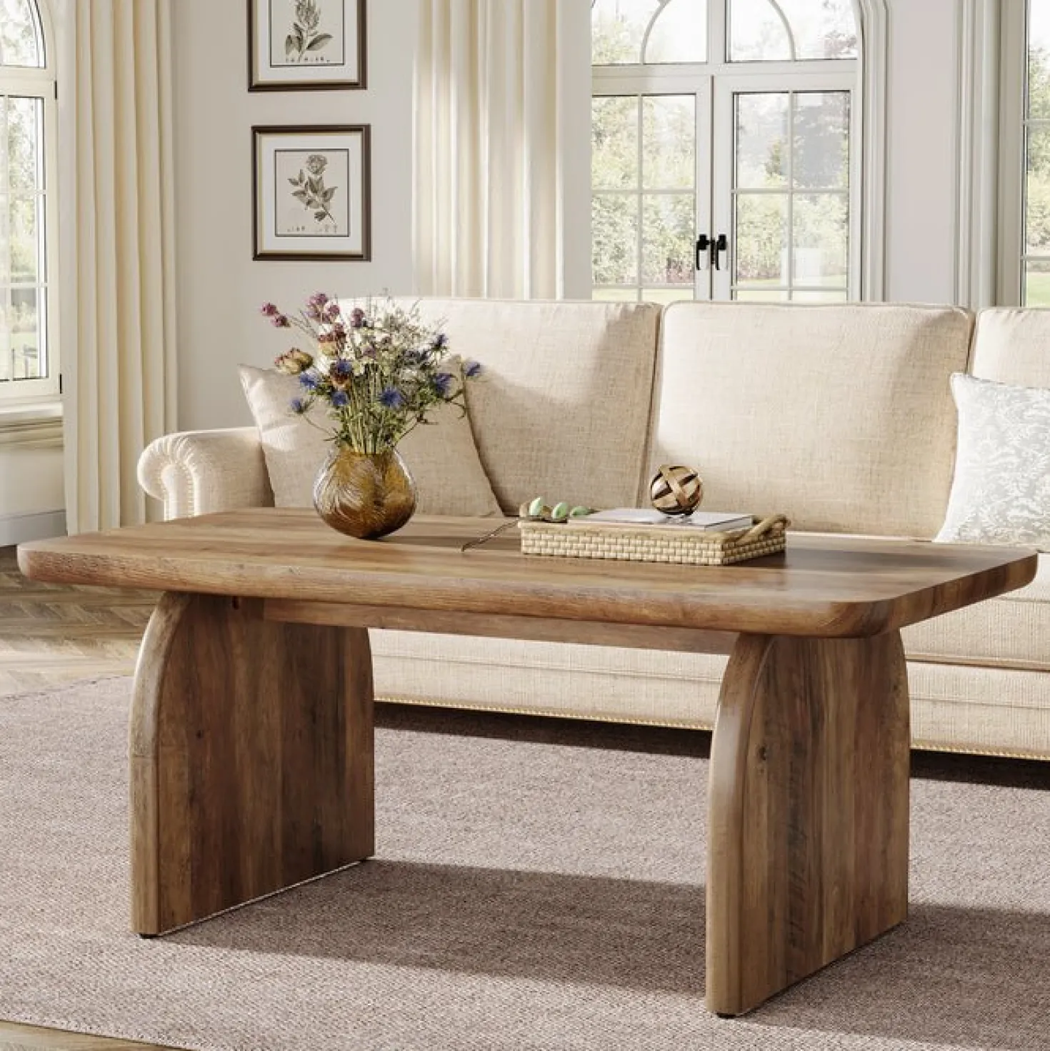 47" Farmhouse Coffee Table, Rectangular Wooden Center Table for Living Room