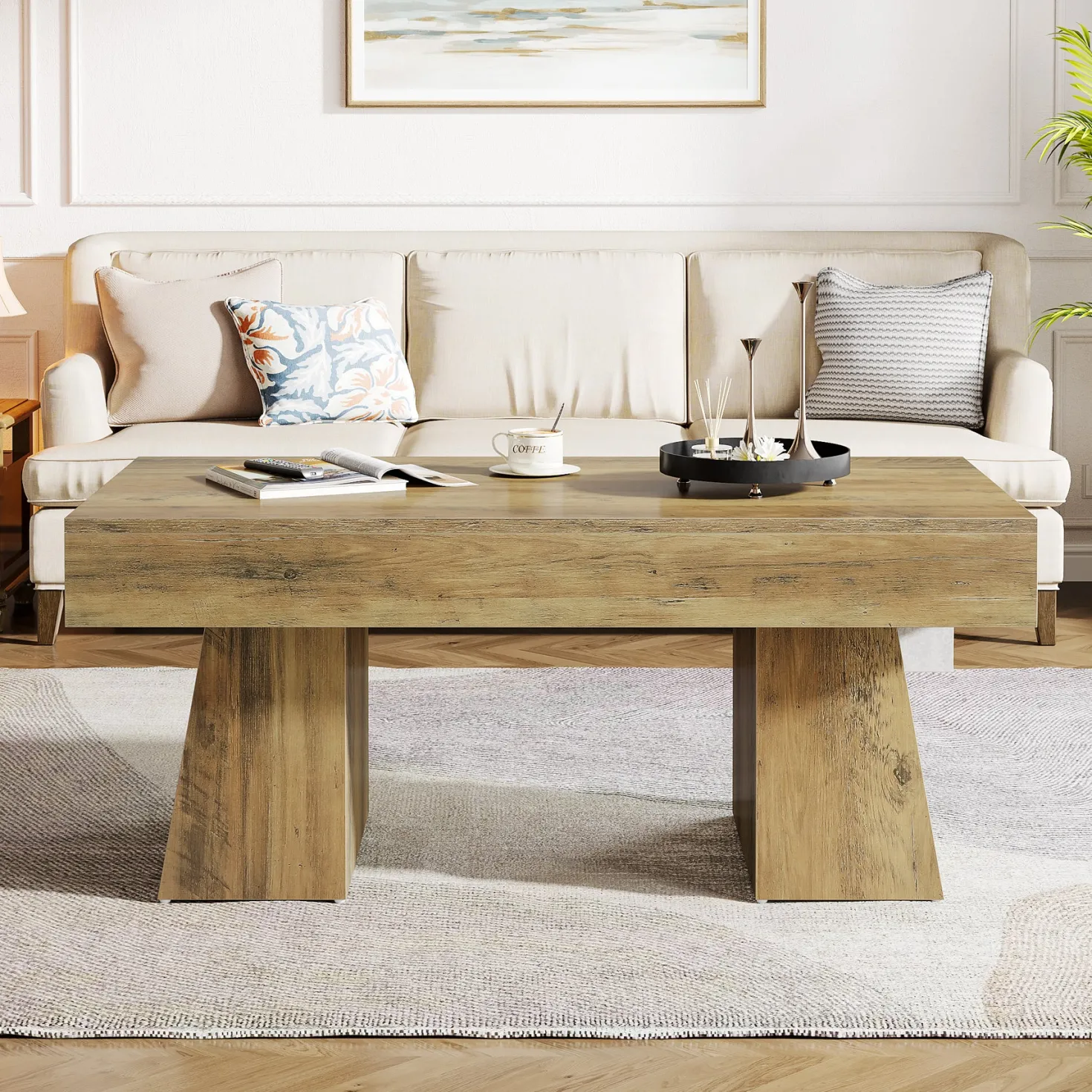 47.24" Farmhouse Coffee Table, Rectangular Center Table with Thick Base
