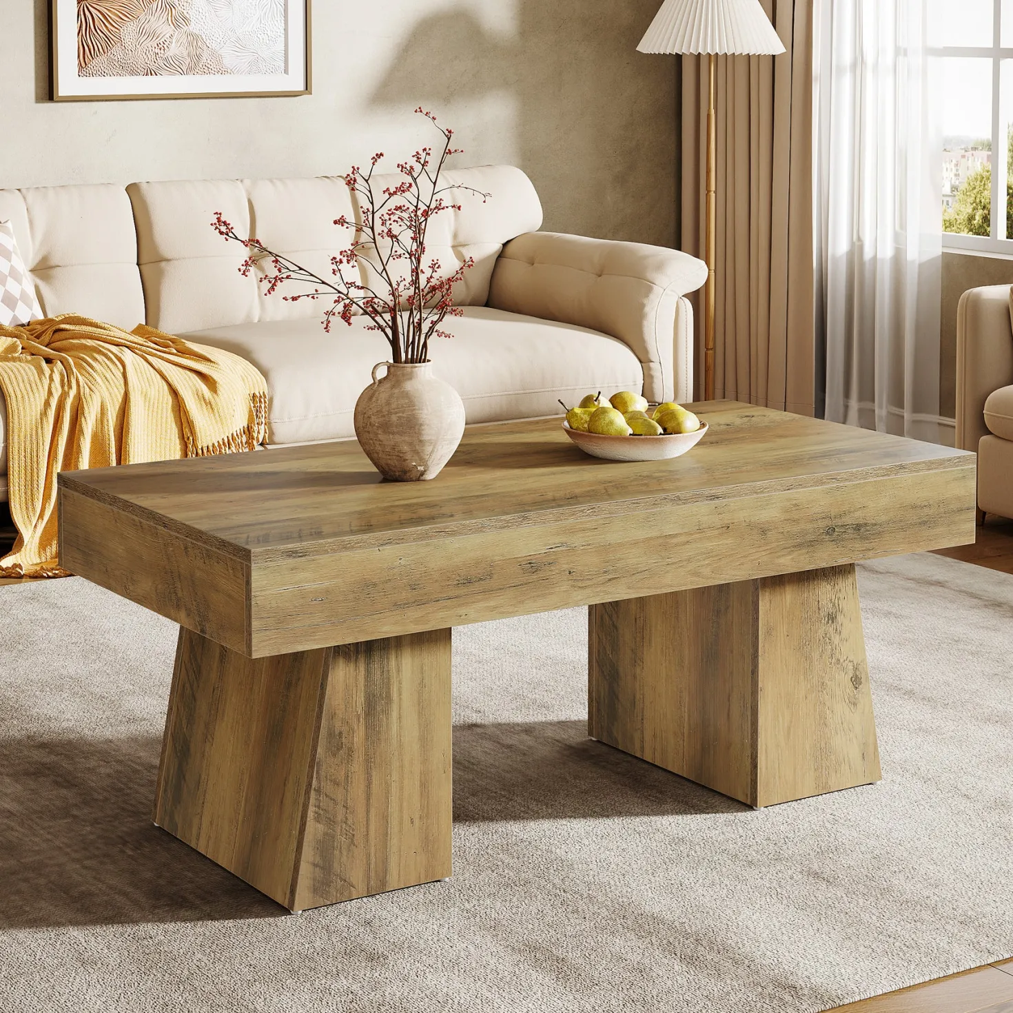 47.24" Farmhouse Coffee Table, Rectangular Center Table with Thick Base