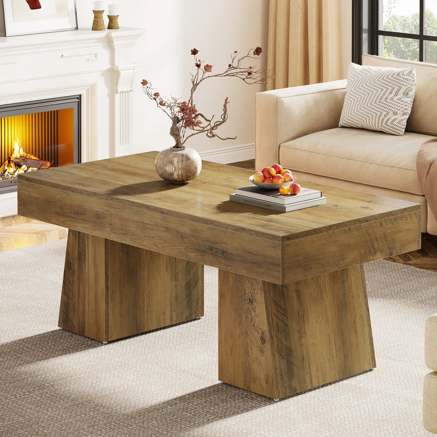 47.24" Farmhouse Coffee Table, Rectangular Center Table with Thick Base