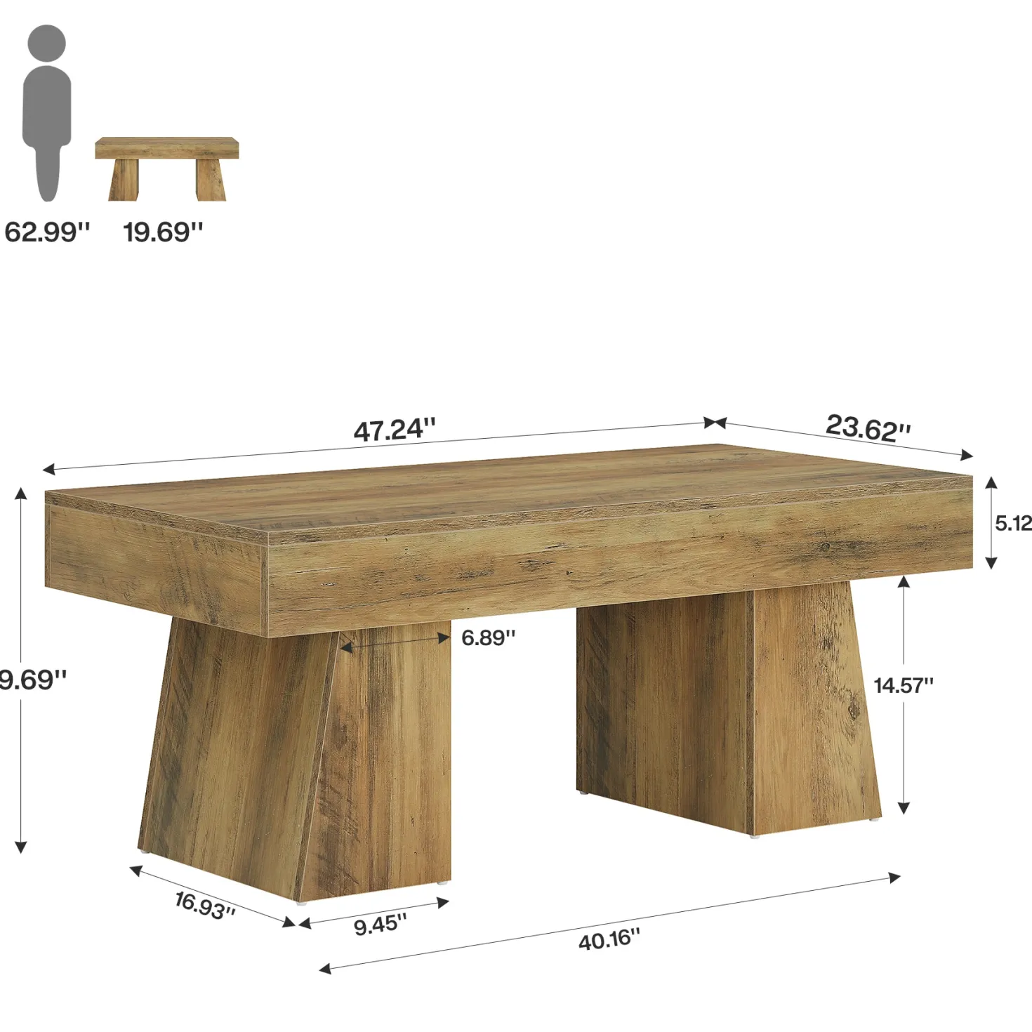 47.24" Farmhouse Coffee Table, Rectangular Center Table with Thick Base