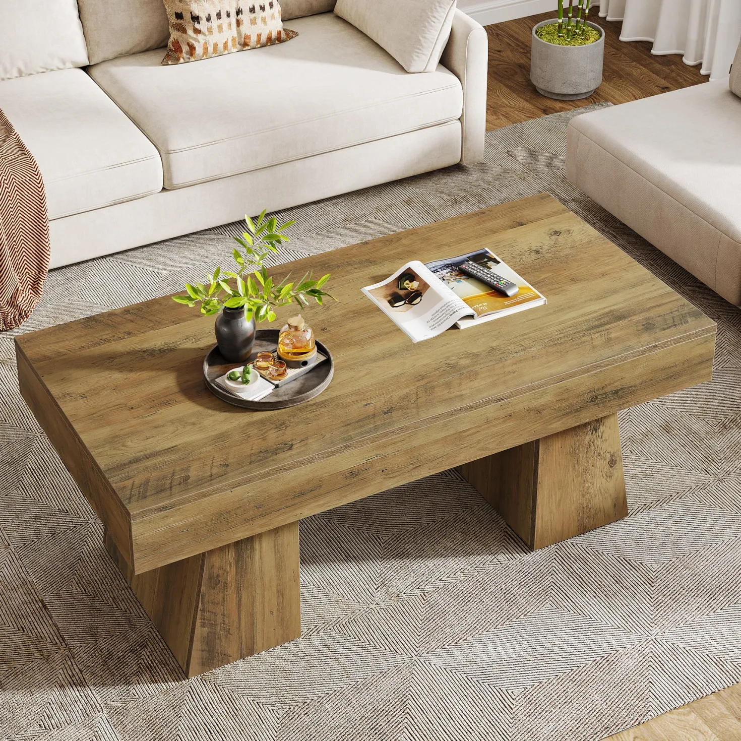 47.24" Farmhouse Coffee Table, Rectangular Center Table with Thick Base