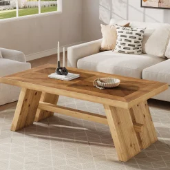 47" Farmhouse Coffee Table, Wood Rectangle Center Table with Geometric Grain Pattern