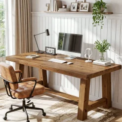 63" Farmhouse Computer Desk, Solid Wood Home Office Desk with Thick Tabletop