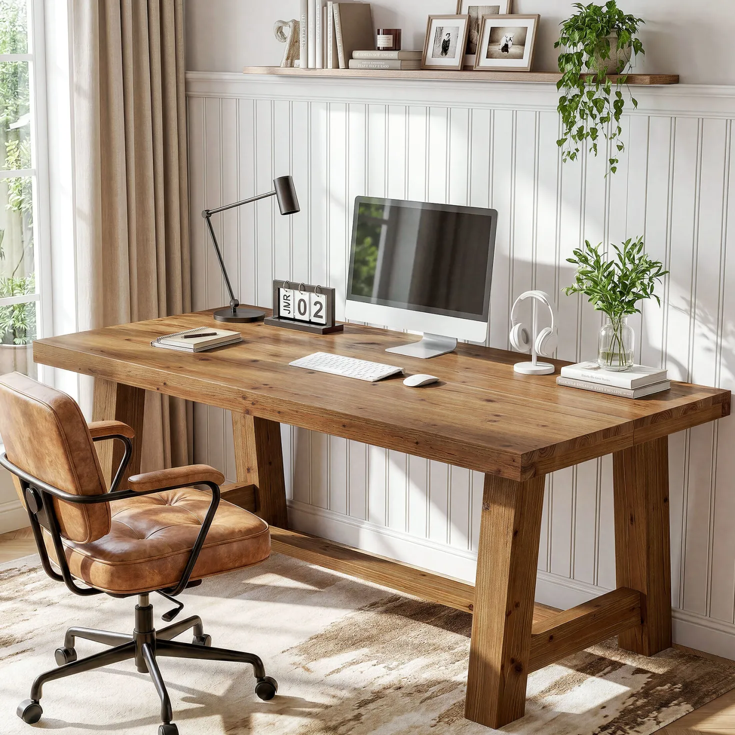 63" Farmhouse Computer Desk, Solid Wood Home Office Desk with Thick Tabletop