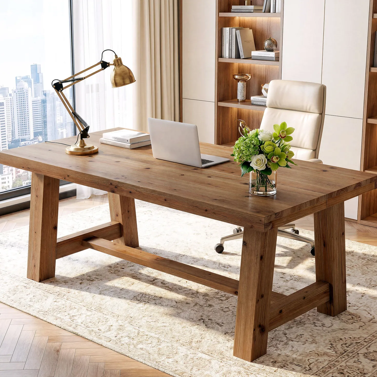 63" Farmhouse Computer Desk, Solid Wood Home Office Desk with Thick Tabletop