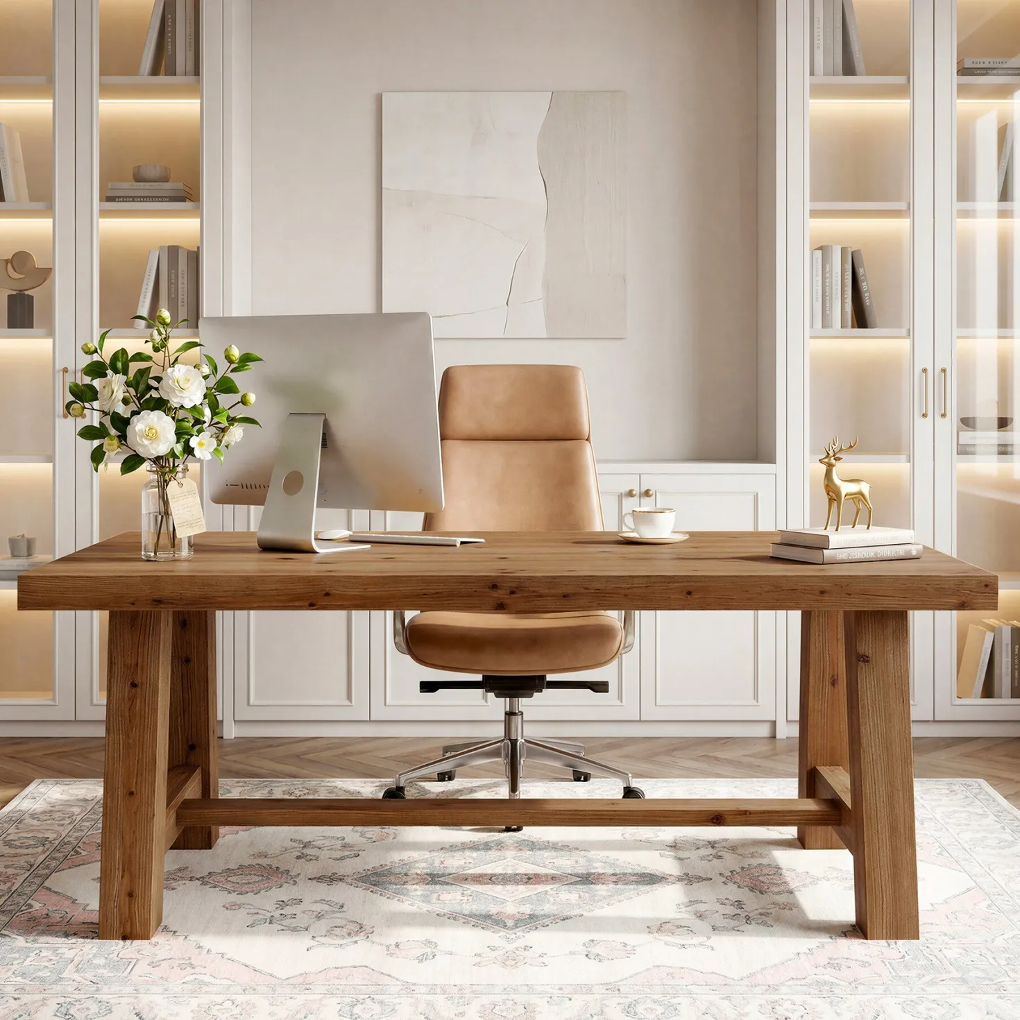 63" Farmhouse Computer Desk, Solid Wood Home Office Desk with Thick Tabletop