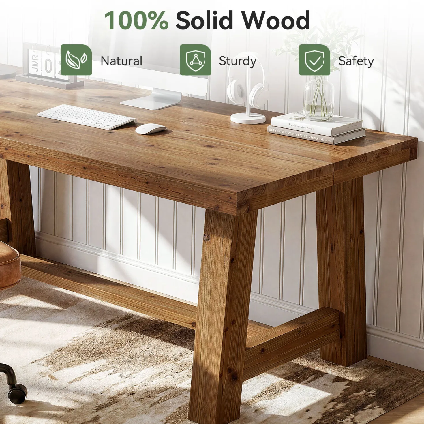63" Farmhouse Computer Desk, Solid Wood Home Office Desk with Thick Tabletop