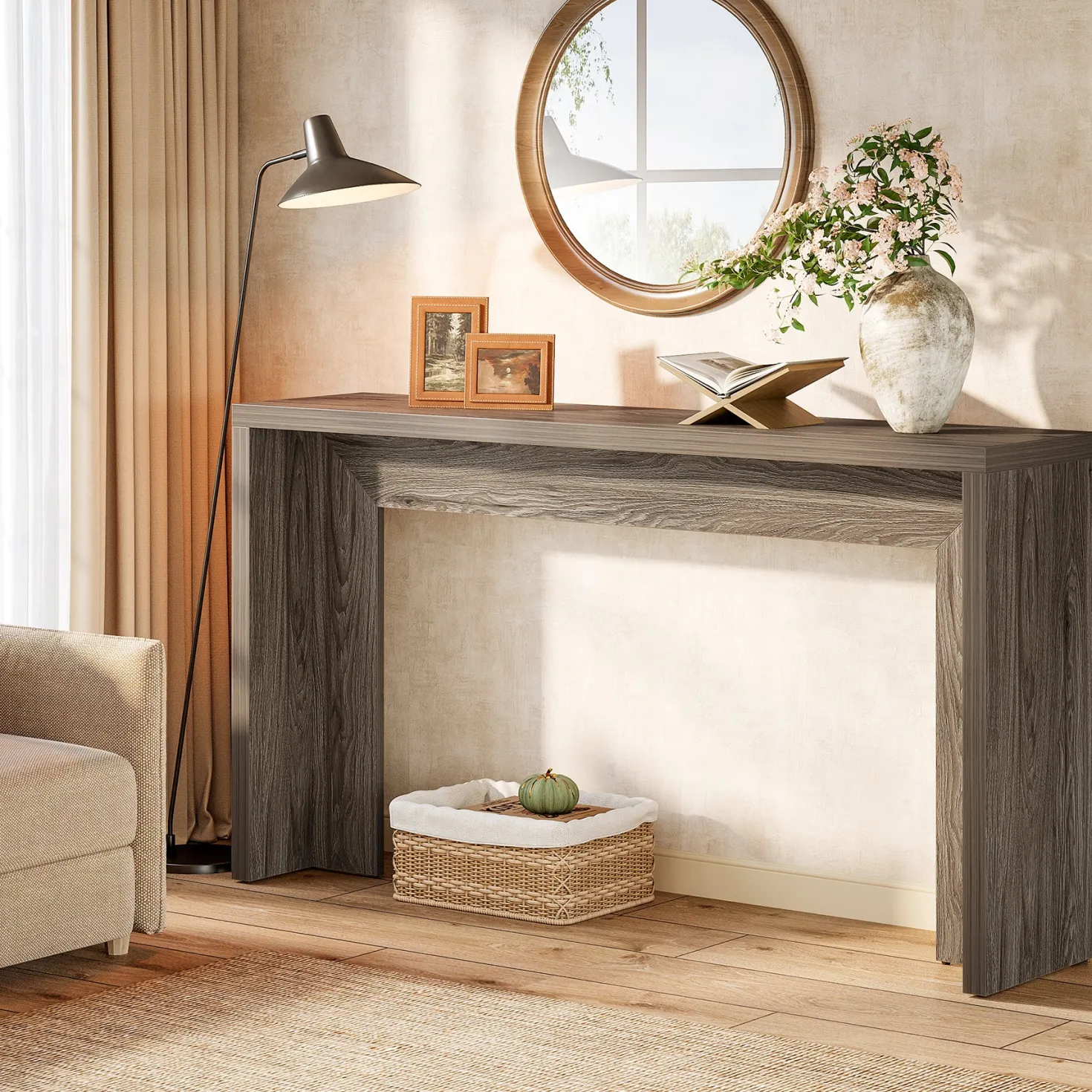 55" Farmhouse Console Table with Storage, Narrow Wooden Entryway Sofa Table for Hallway, Foyer, or Living Room
