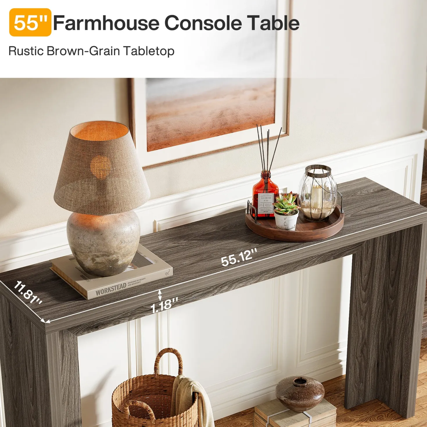 55" Farmhouse Console Table with Storage, Narrow Wooden Entryway Sofa Table for Hallway, Foyer, or Living Room