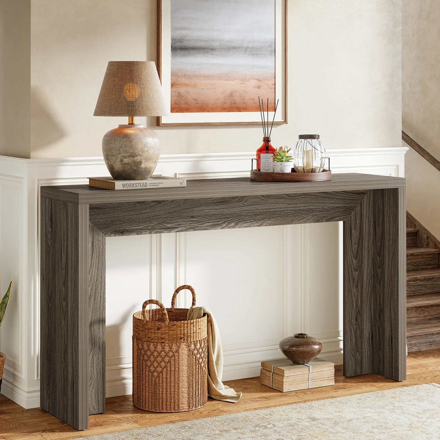 55" Farmhouse Console Table with Storage, Narrow Wooden Entryway Sofa Table for Hallway, Foyer, or Living Room