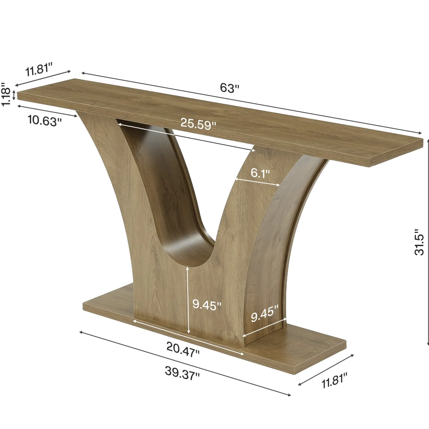 63" Farmhouse Console Table with 2-Tier Storage, Narrow Sofa Table with Curved U-Shape Base