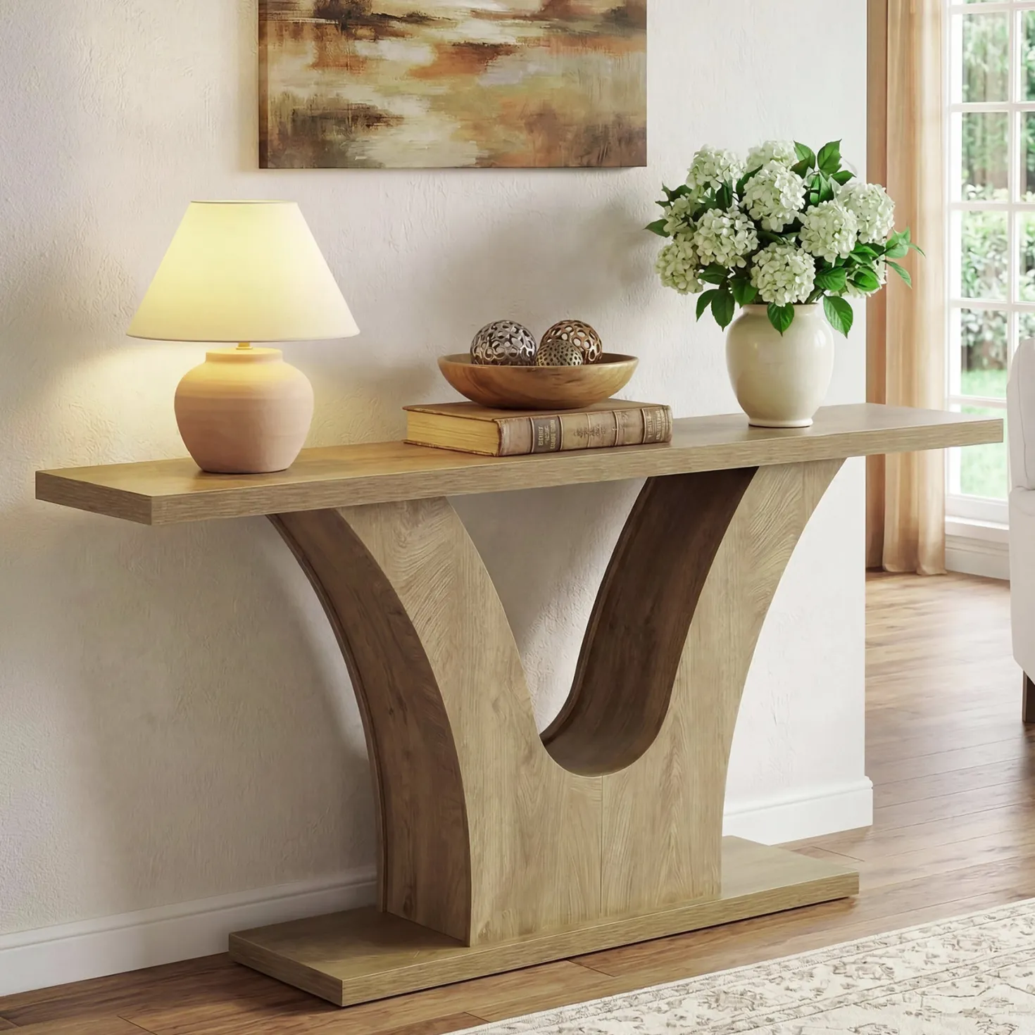 63" Farmhouse Console Table with 2-Tier Storage, Narrow Sofa Table with Curved U-Shape Base