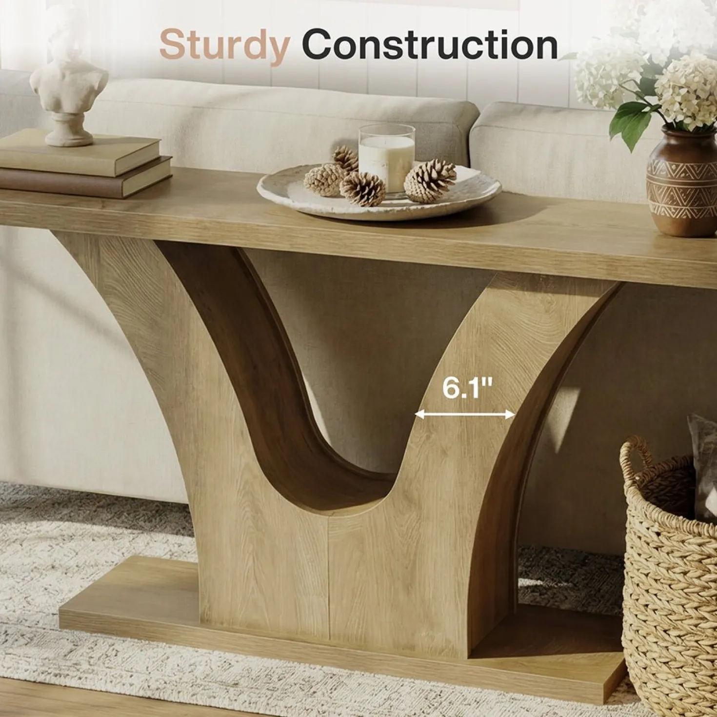 63" Farmhouse Console Table with 2-Tier Storage, Narrow Sofa Table with Curved U-Shape Base