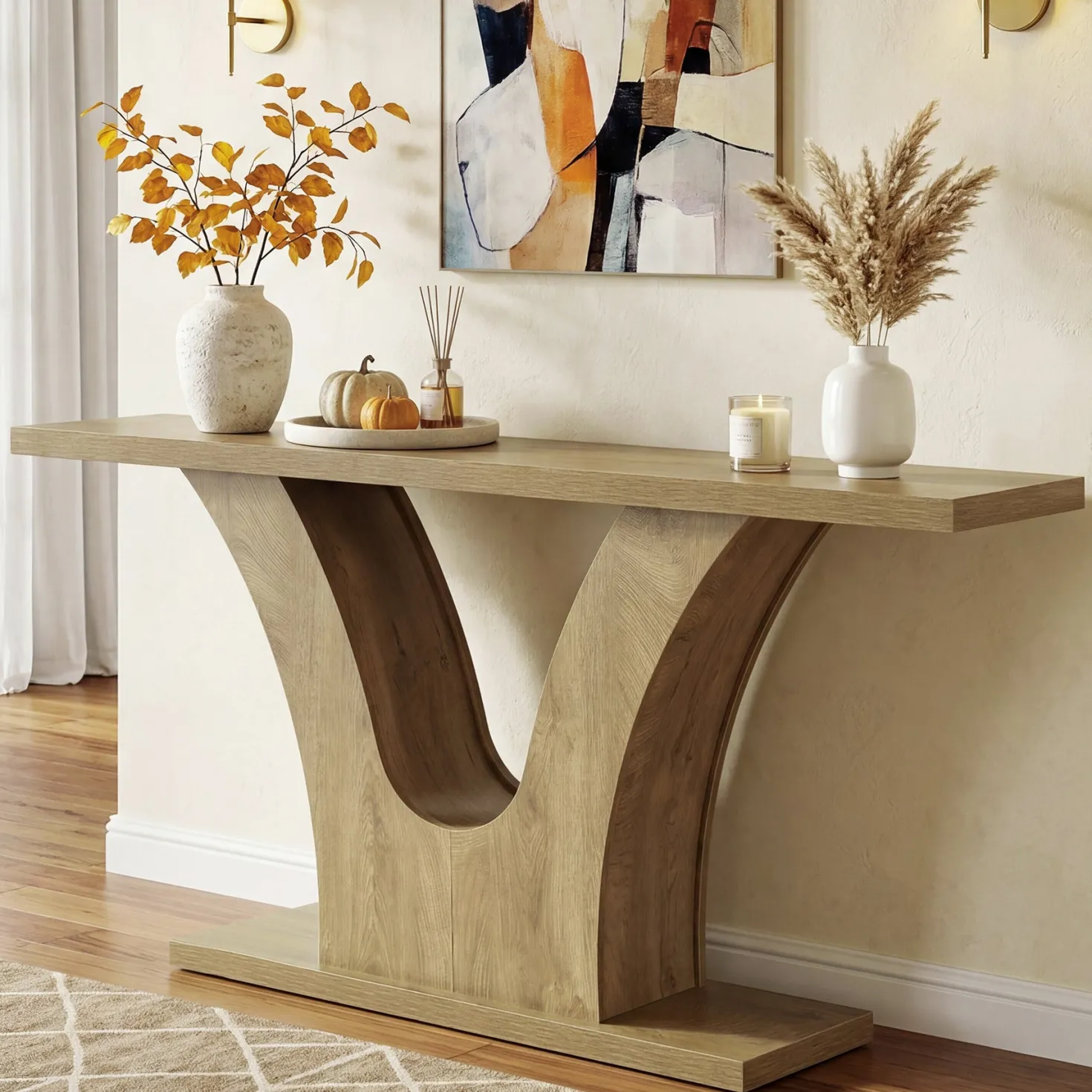 63" Farmhouse Console Table with 2-Tier Storage, Narrow Sofa Table with Curved U-Shape Base