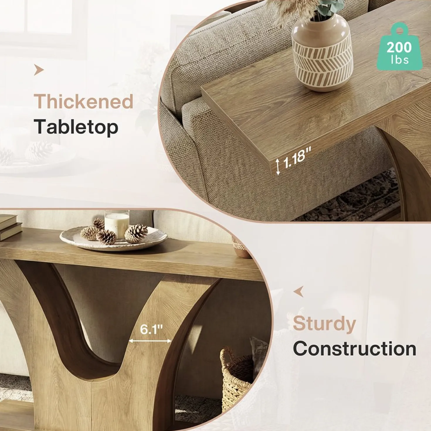 63" Farmhouse Console Table with 2-Tier Storage, Narrow Sofa Table with Curved U-Shape Base