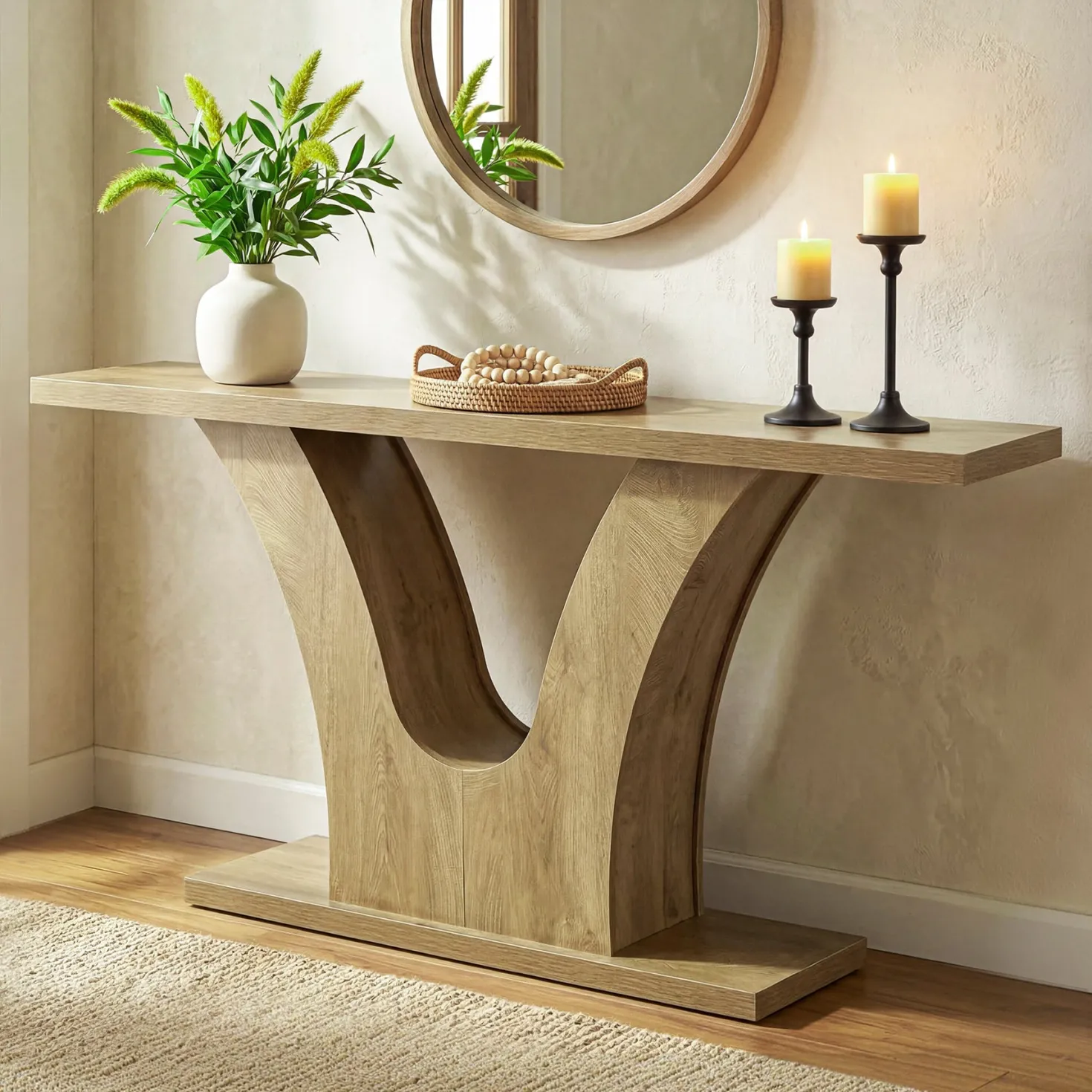 63" Farmhouse Console Table with 2-Tier Storage, Narrow Sofa Table with Curved U-Shape Base