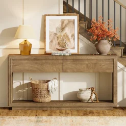 63" Farmhouse Console Table with 2 Drawers and Shelf, Wooden Entryway Sofa Table for Hallway, Foyer, or Behind Couch