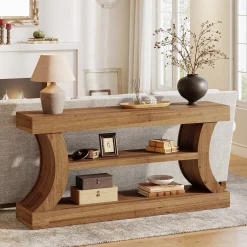 63" Farmhouse Console Table with Storage, Curved Entryway Sofa Table & TV Console with 3-Tier Shelves