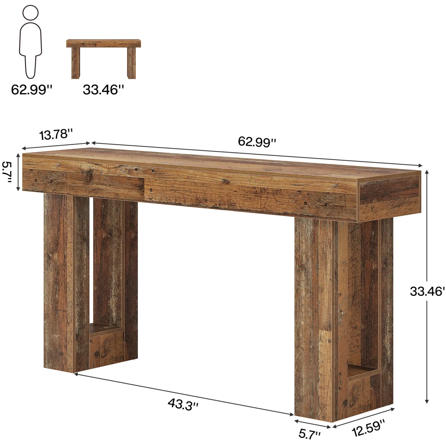 63" Farmhouse Console Table, Long Wooden Sofa Table for Entryway