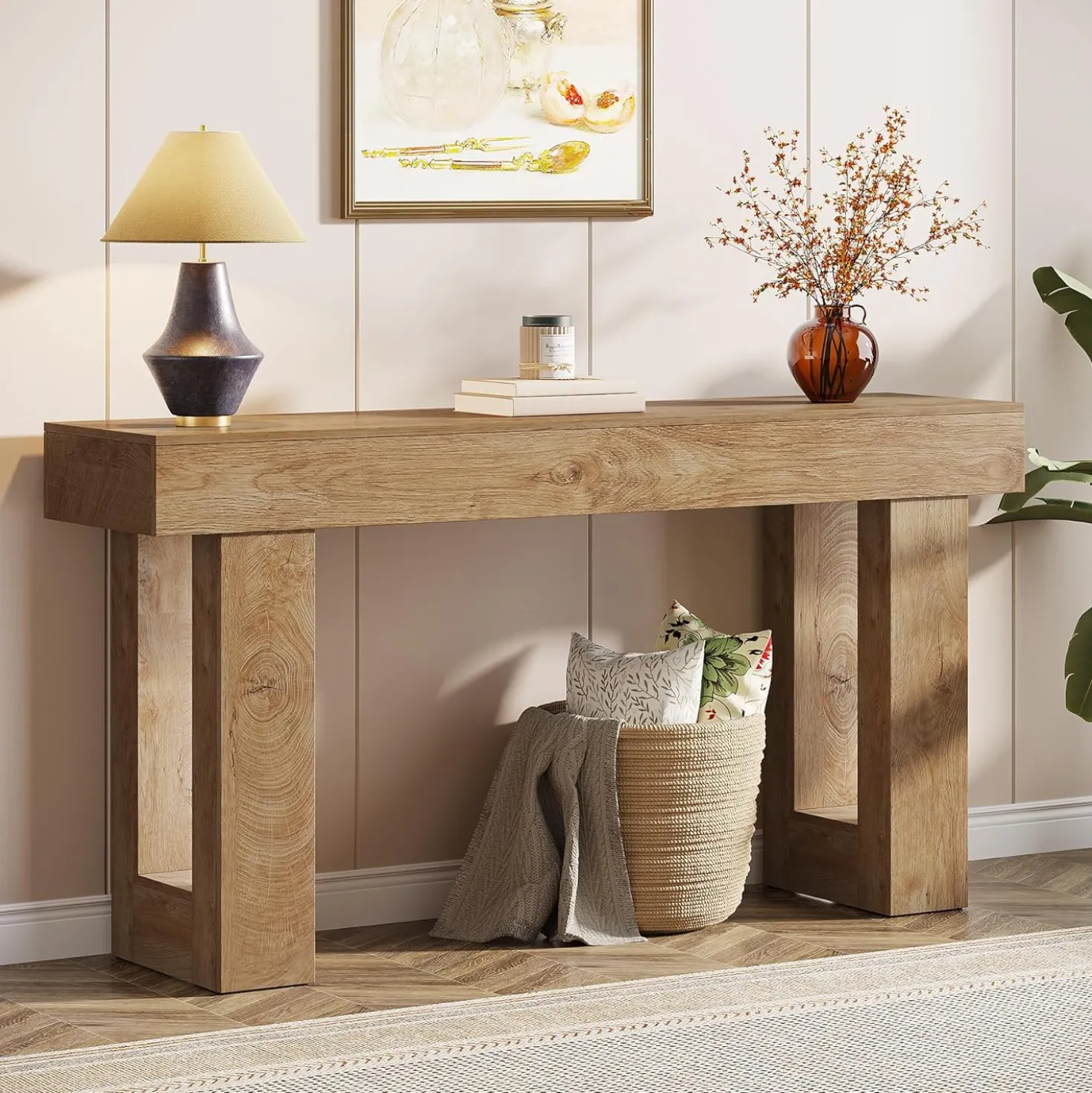 63" Farmhouse Console Table, Long Wooden Sofa Table for Entryway