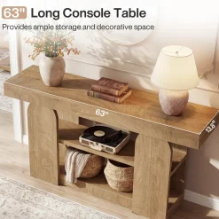 63" Farmhouse Console Table with Storage Shelves, 3-Tier Narrow Entryway Sofa Table for Hallway & Living Room