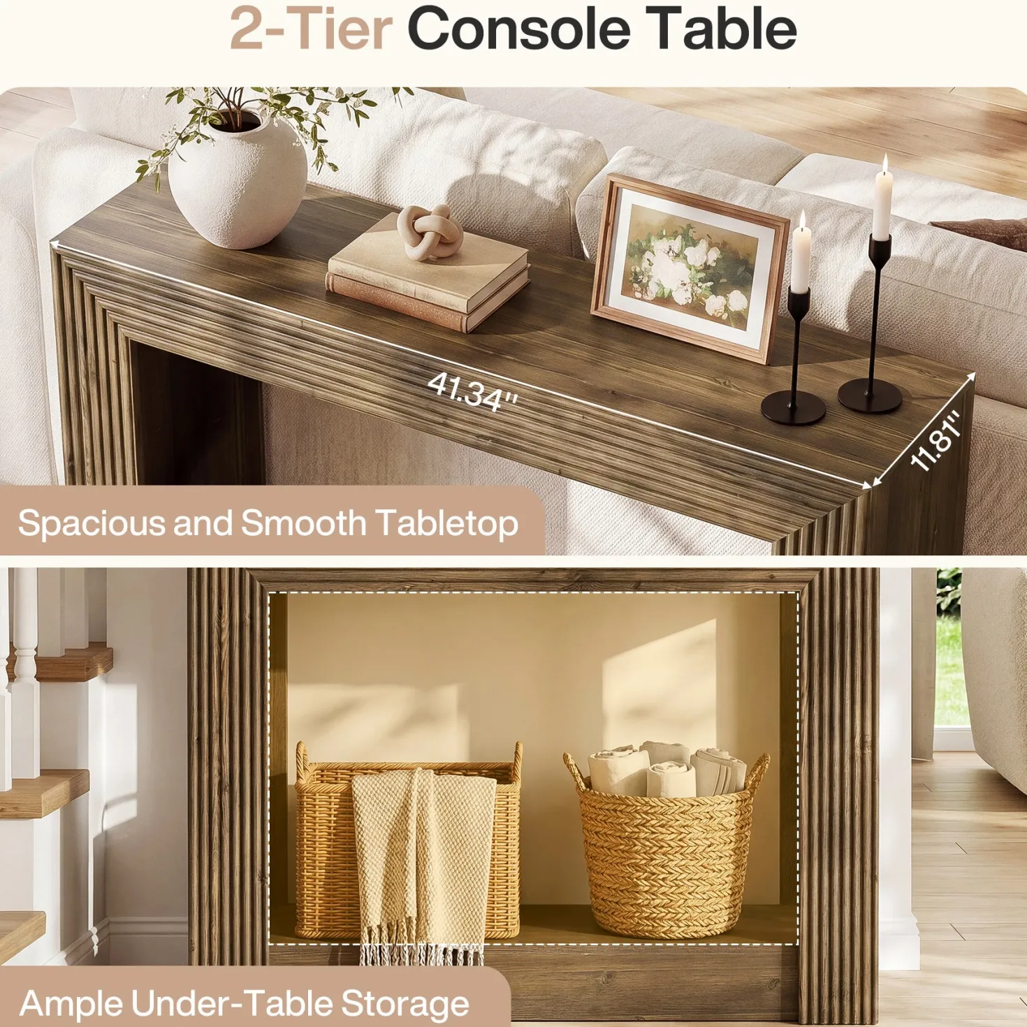 41" Farmhouse Console Table with Storage, Narrow 2-Tier Sofa Table for Entryway or Behind Couch