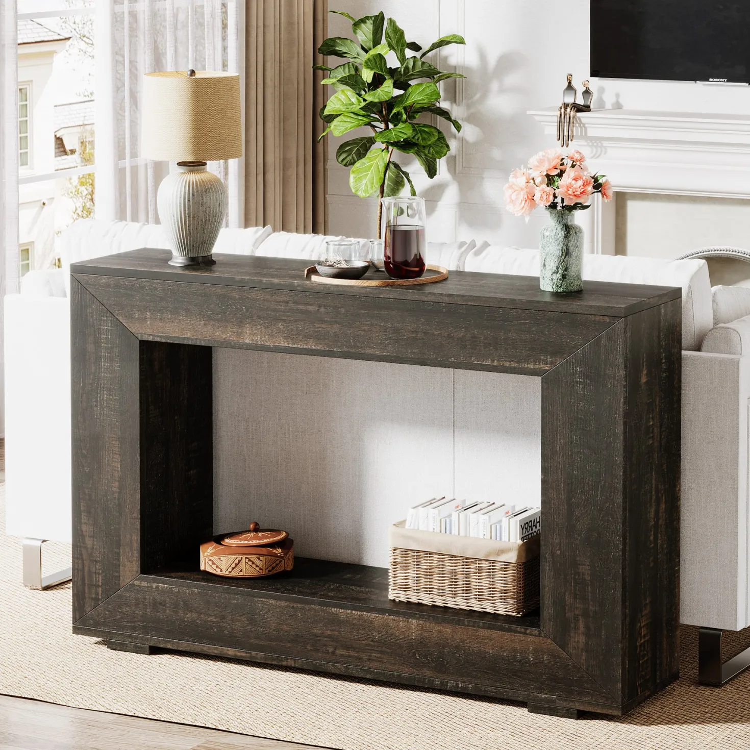 47" Farmhouse Console Table with Industrial Storage, Entryway Accent for Living Room & Entrance