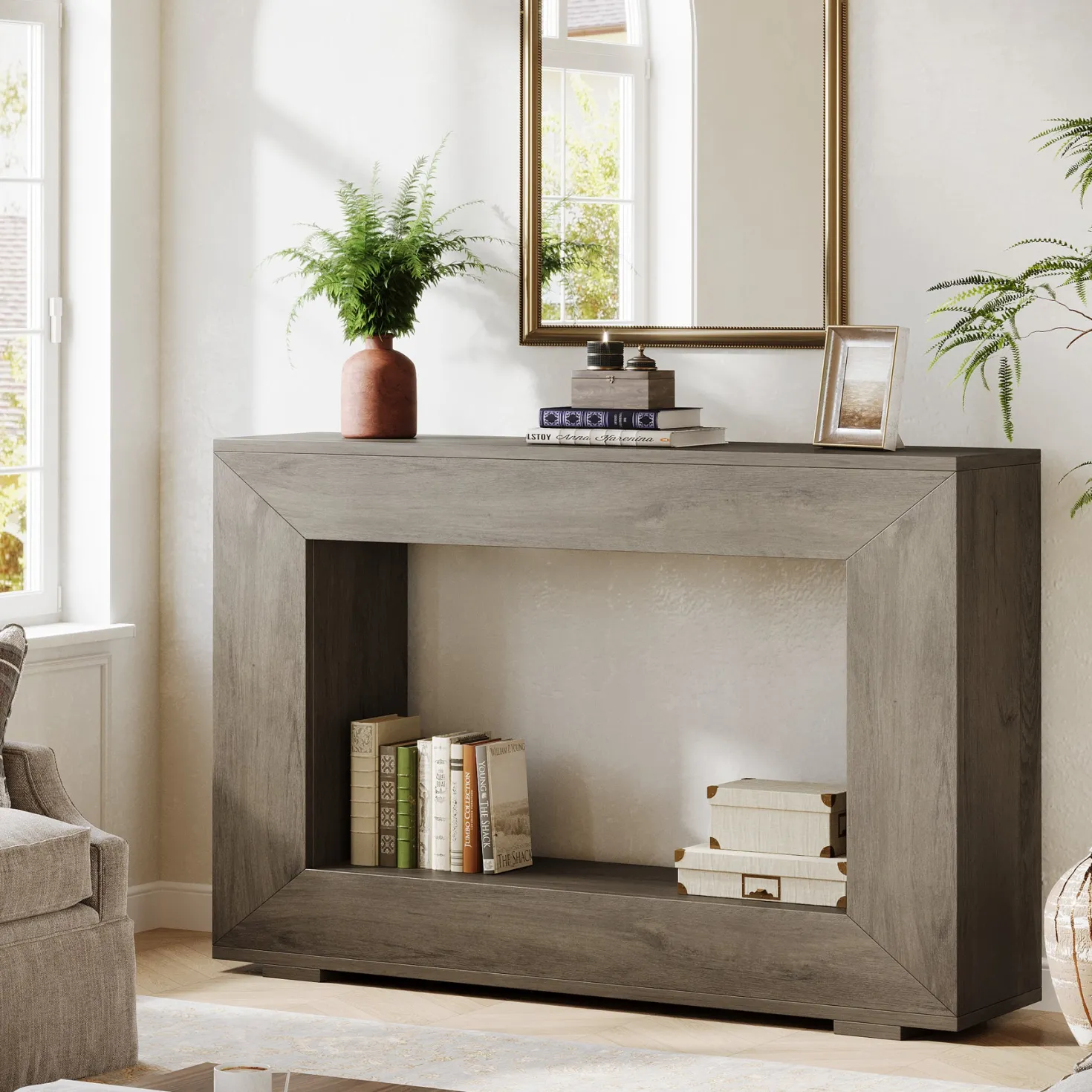 47" Farmhouse Console Table with Industrial Storage, Entryway Accent for Living Room & Entrance