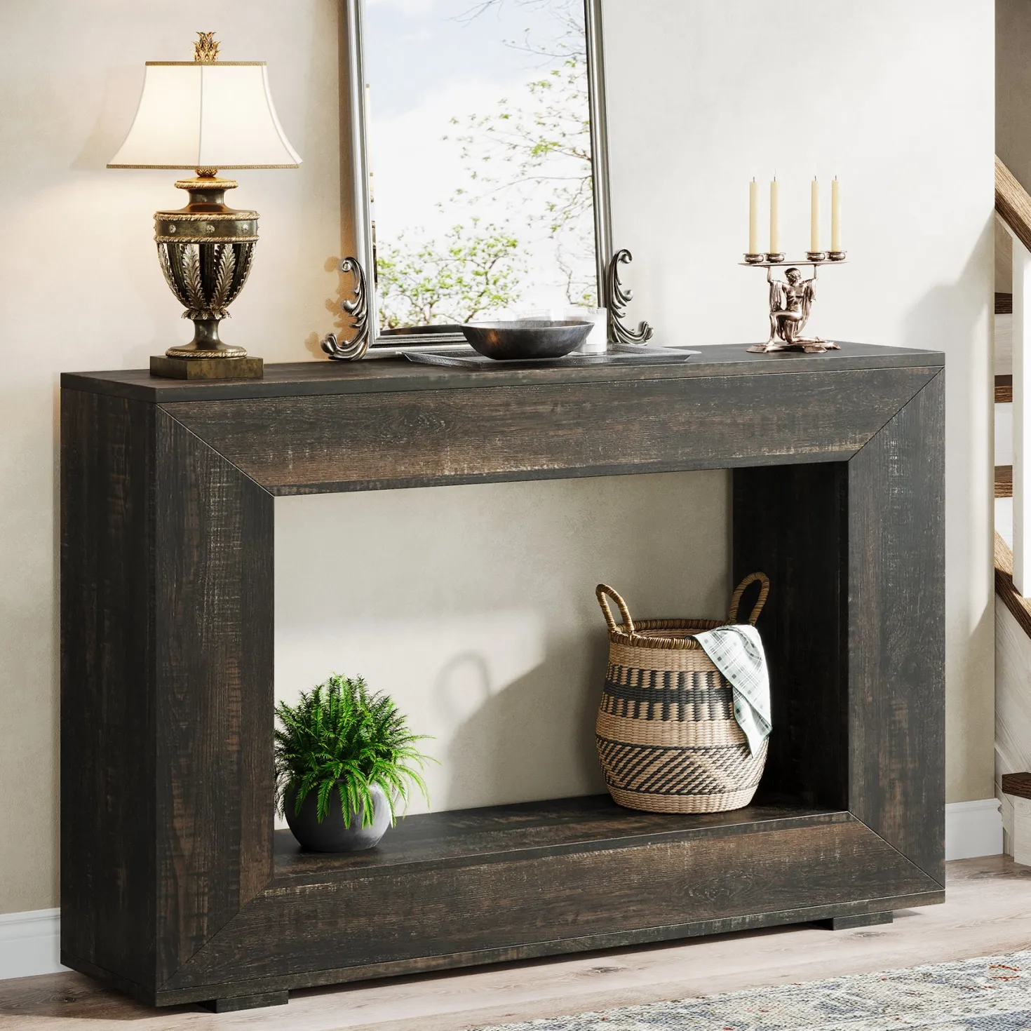 47" Farmhouse Console Table with Industrial Storage, Entryway Accent for Living Room & Entrance
