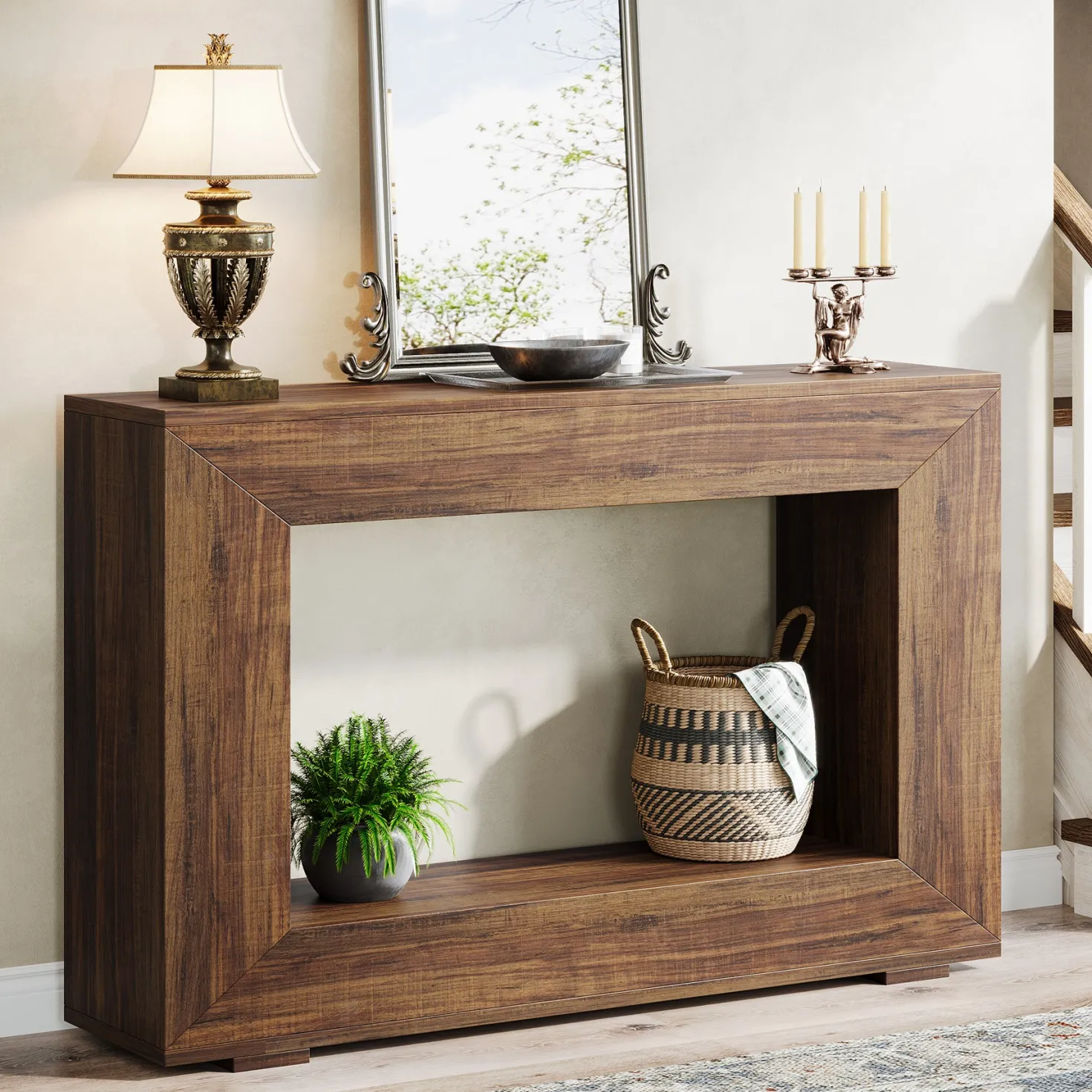 47" Farmhouse Console Table with Industrial Storage, Entryway Accent for Living Room & Entrance