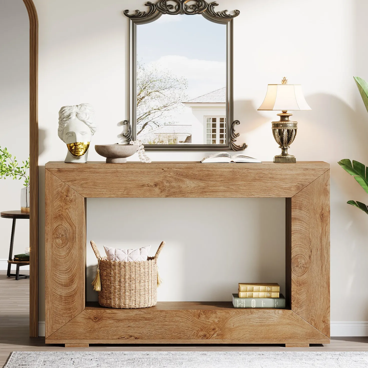 47" Farmhouse Console Table with Industrial Storage, Entryway Accent for Living Room & Entrance