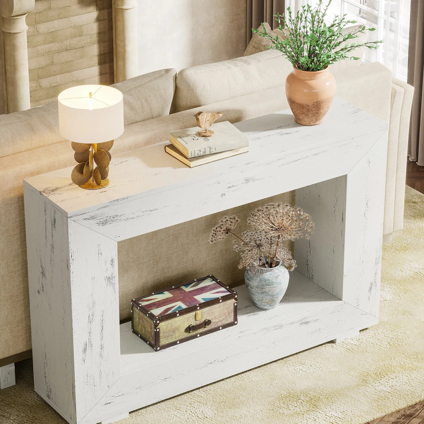 47" Farmhouse Console Table with Industrial Storage, Entryway Accent for Living Room & Entrance