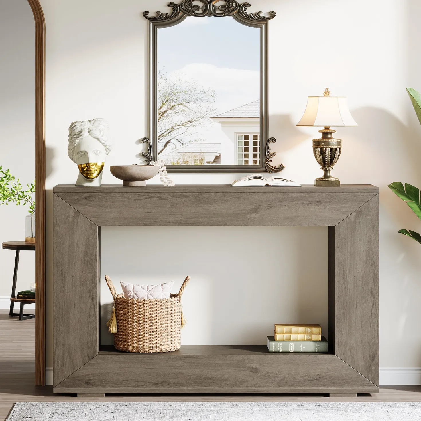 47" Farmhouse Console Table with Industrial Storage, Entryway Accent for Living Room & Entrance