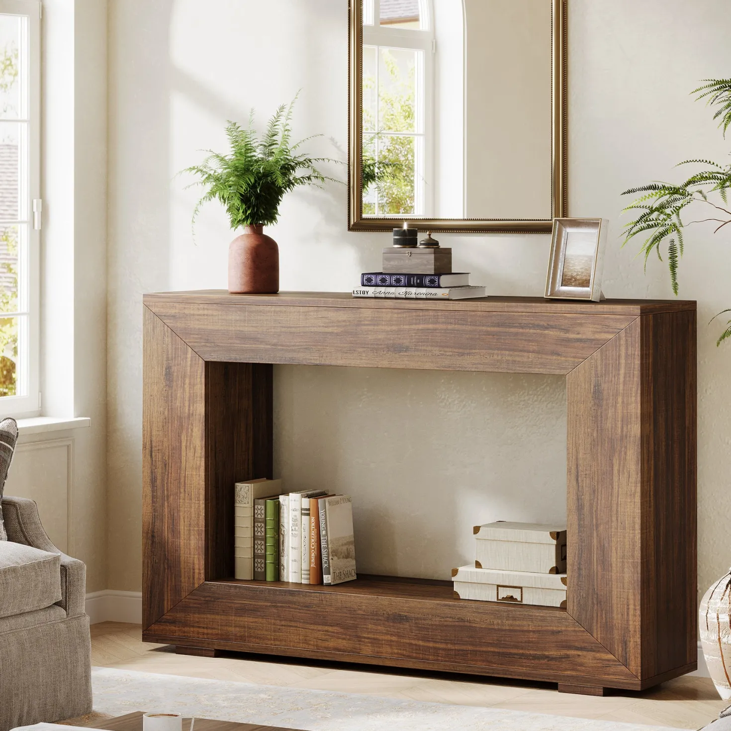 47" Farmhouse Console Table with Industrial Storage, Entryway Accent for Living Room & Entrance