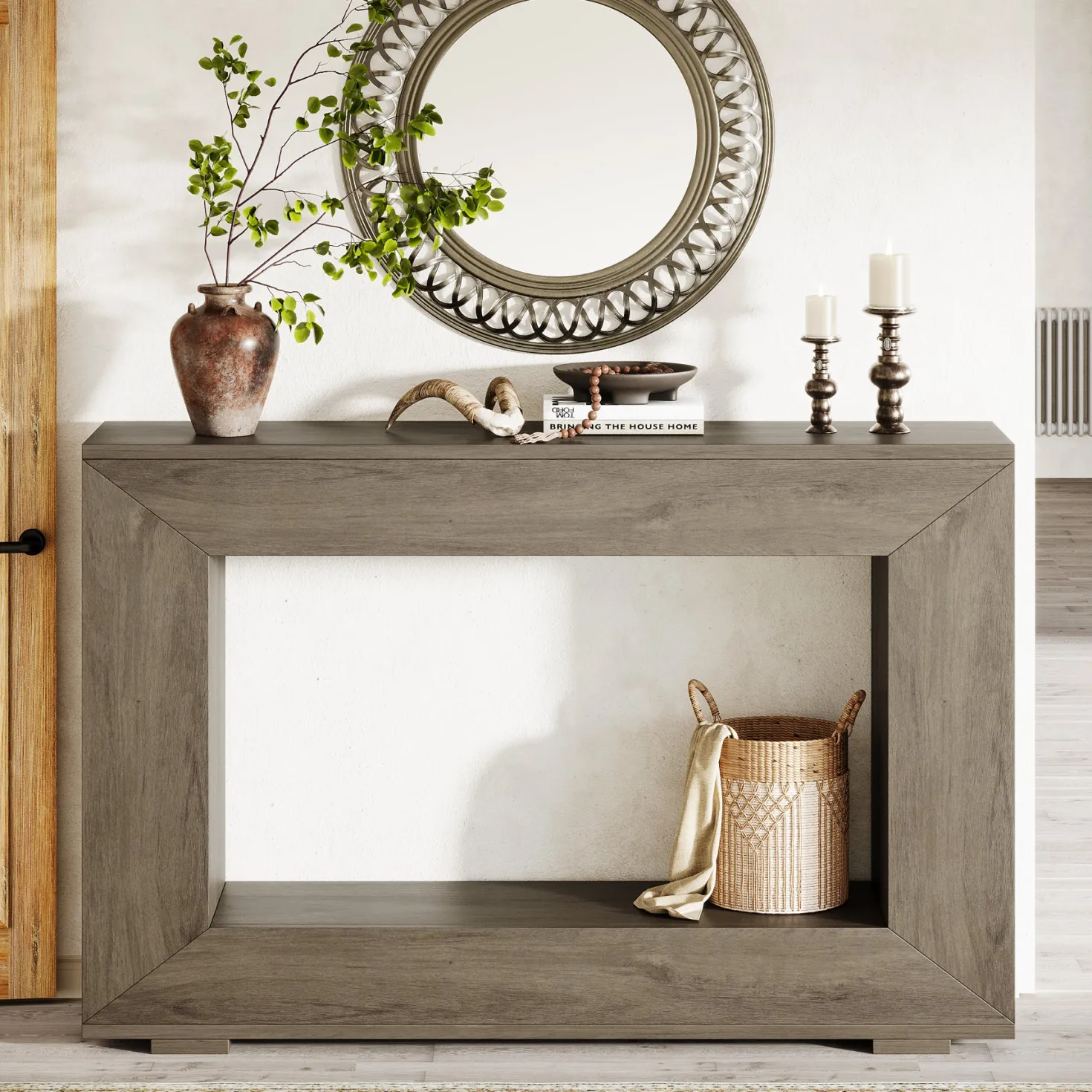 47" Farmhouse Console Table with Industrial Storage, Entryway Accent for Living Room & Entrance