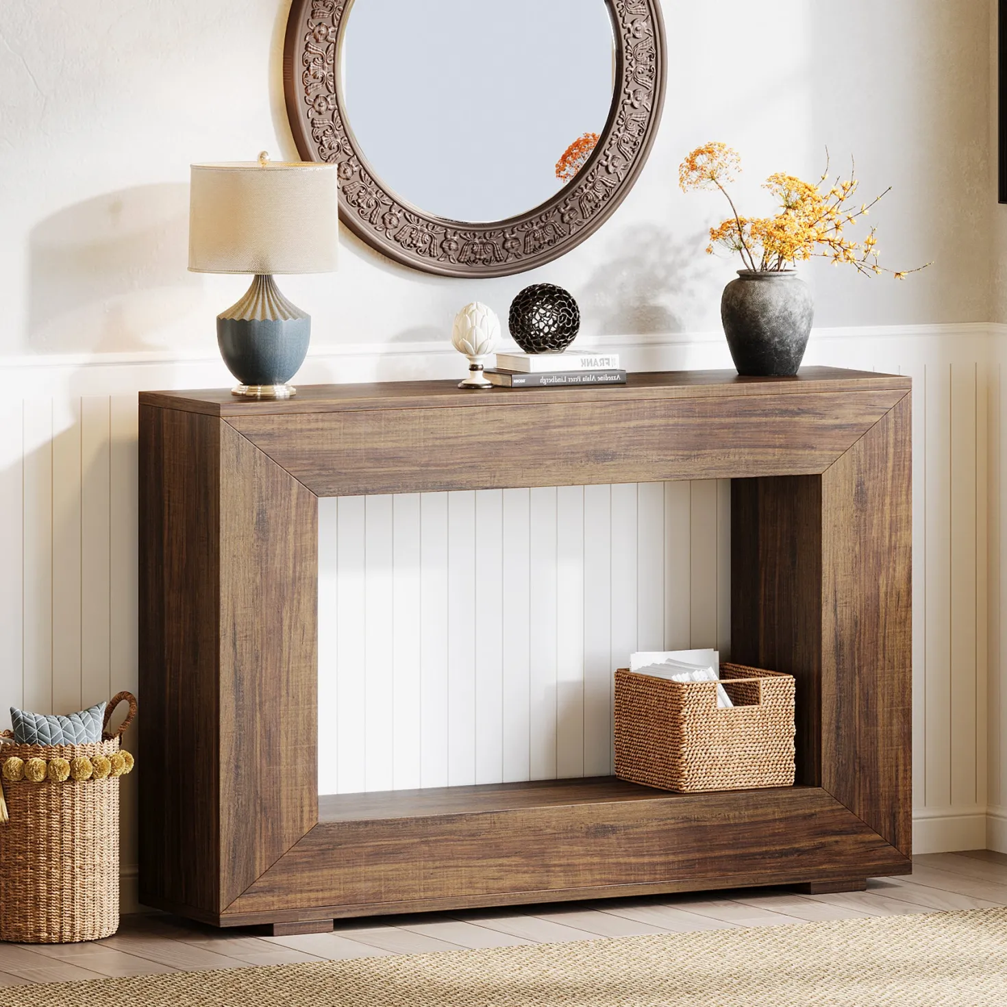 47" Farmhouse Console Table with Industrial Storage, Entryway Accent for Living Room & Entrance