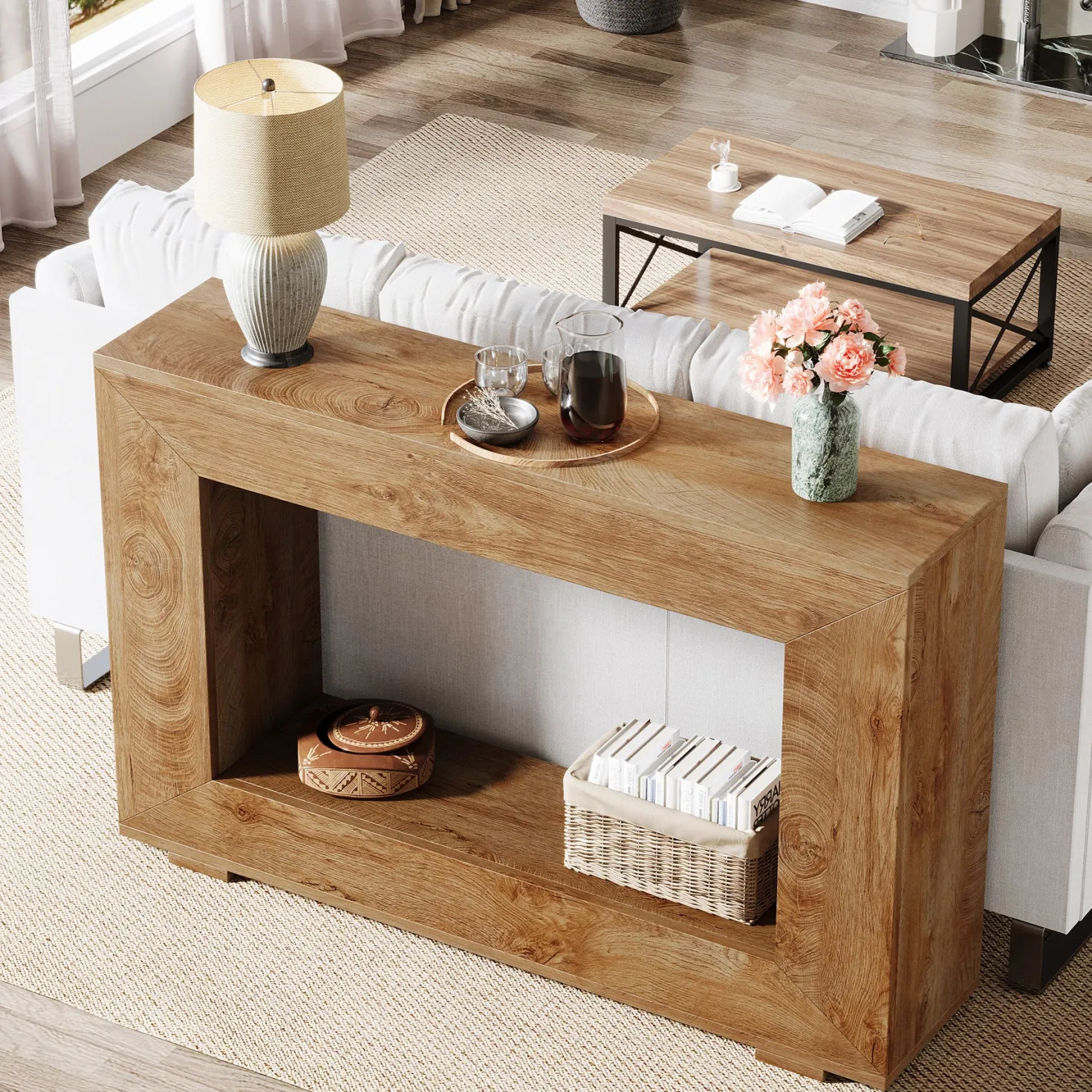 47" Farmhouse Console Table with Industrial Storage, Entryway Accent for Living Room & Entrance