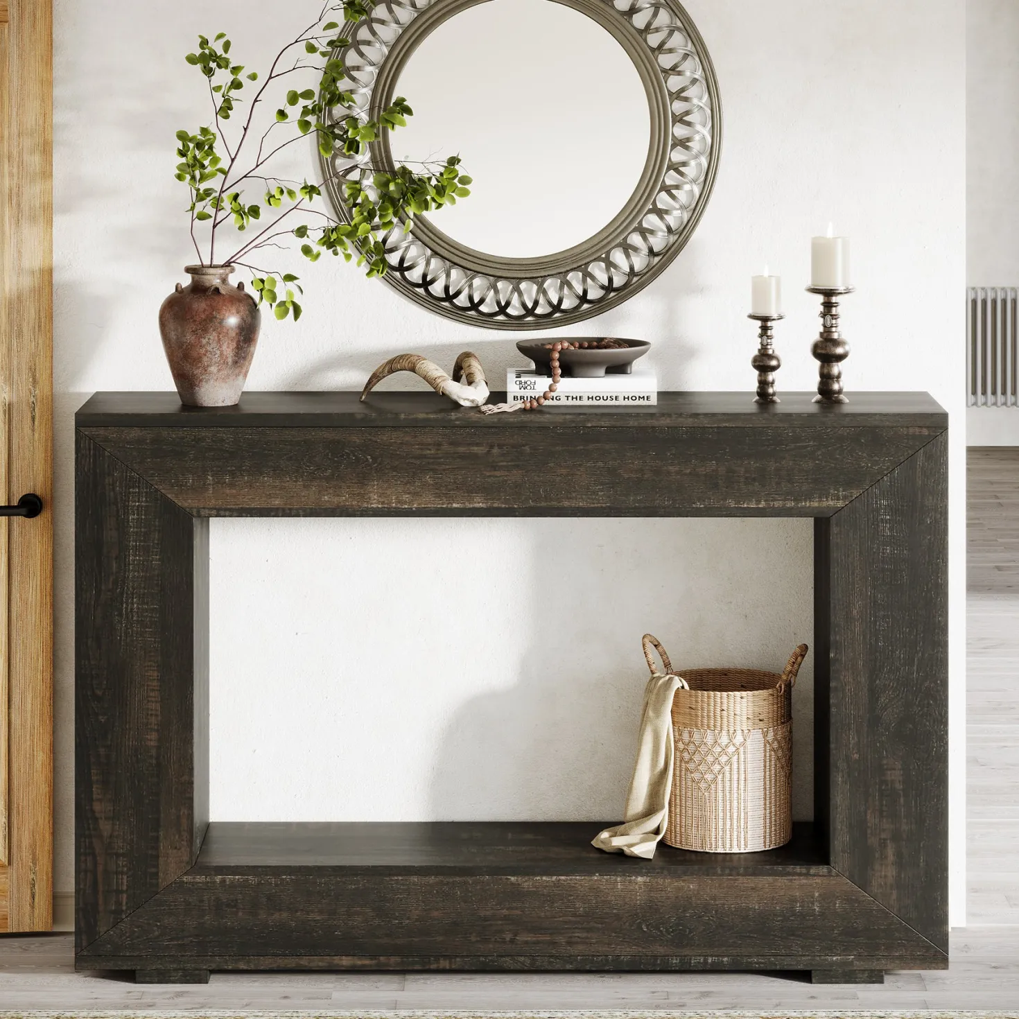 47" Farmhouse Console Table with Industrial Storage, Entryway Accent for Living Room & Entrance