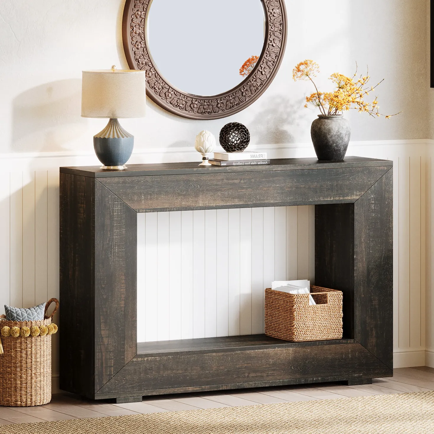 47" Farmhouse Console Table with Industrial Storage, Entryway Accent for Living Room & Entrance