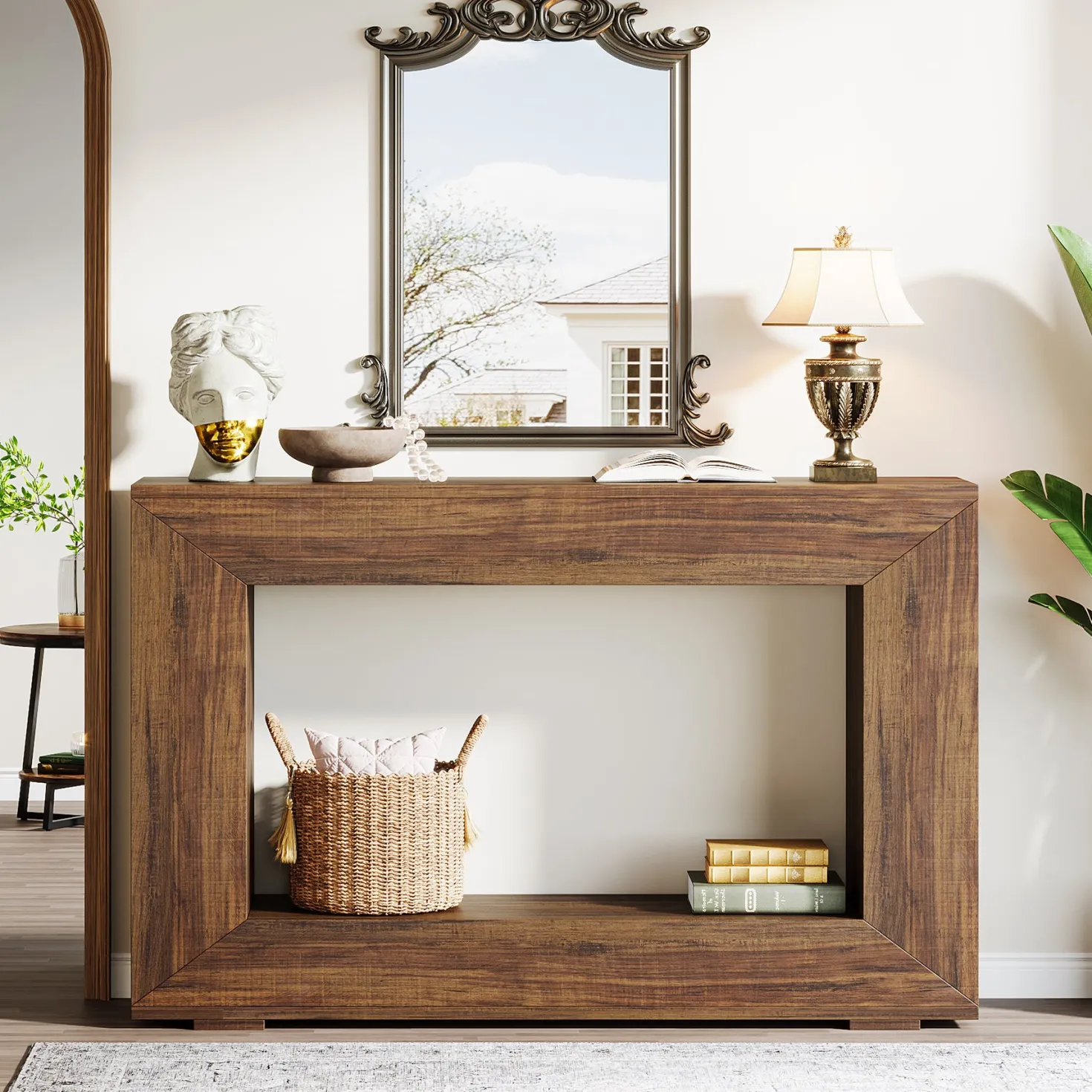 47" Farmhouse Console Table with Industrial Storage, Entryway Accent for Living Room & Entrance
