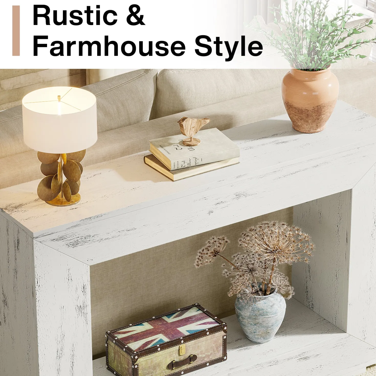 47" Farmhouse Console Table with Industrial Storage, Entryway Accent for Living Room & Entrance