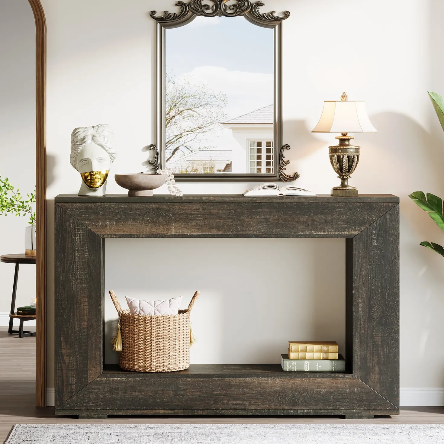 47" Farmhouse Console Table with Industrial Storage, Entryway Accent for Living Room & Entrance