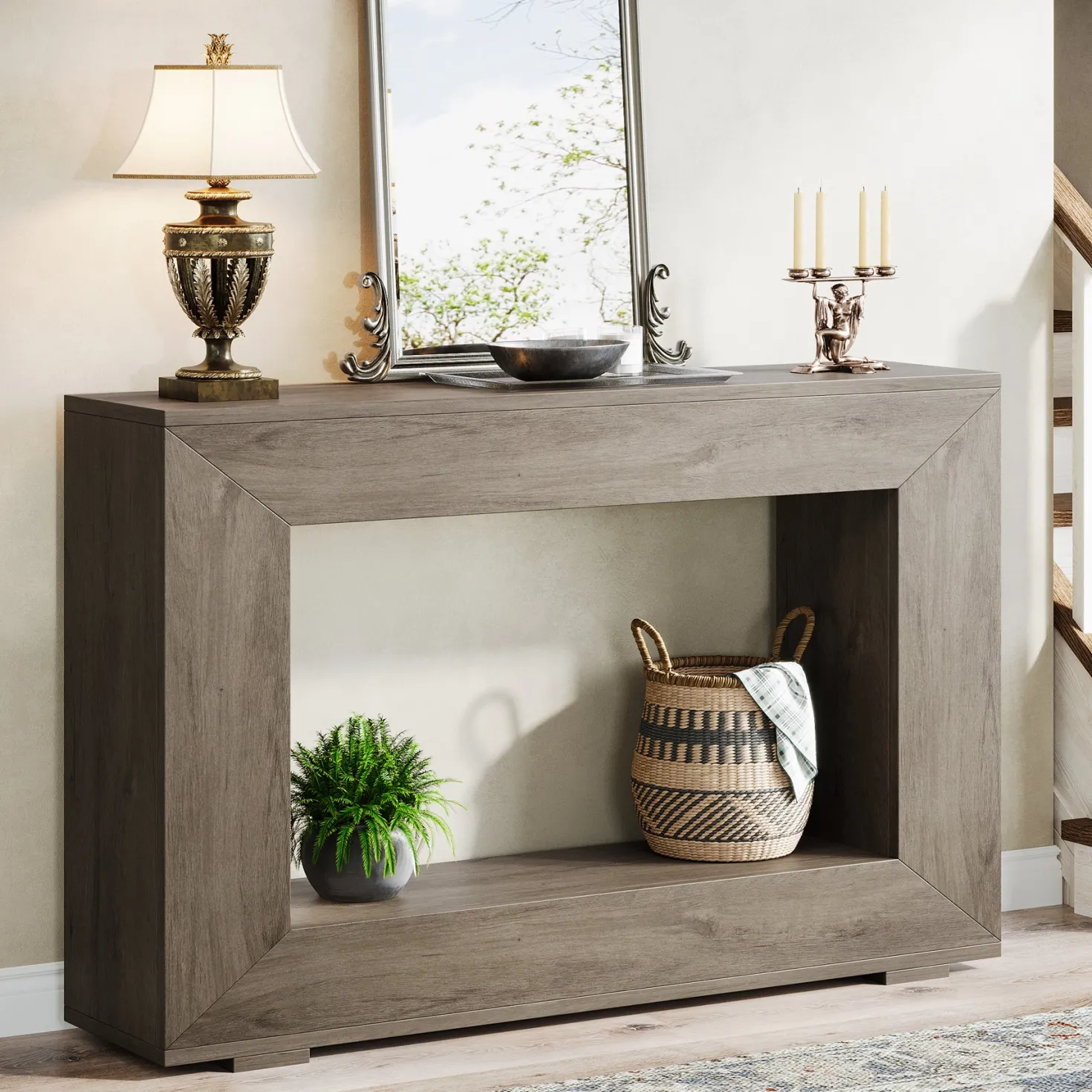 47" Farmhouse Console Table with Industrial Storage, Entryway Accent for Living Room & Entrance