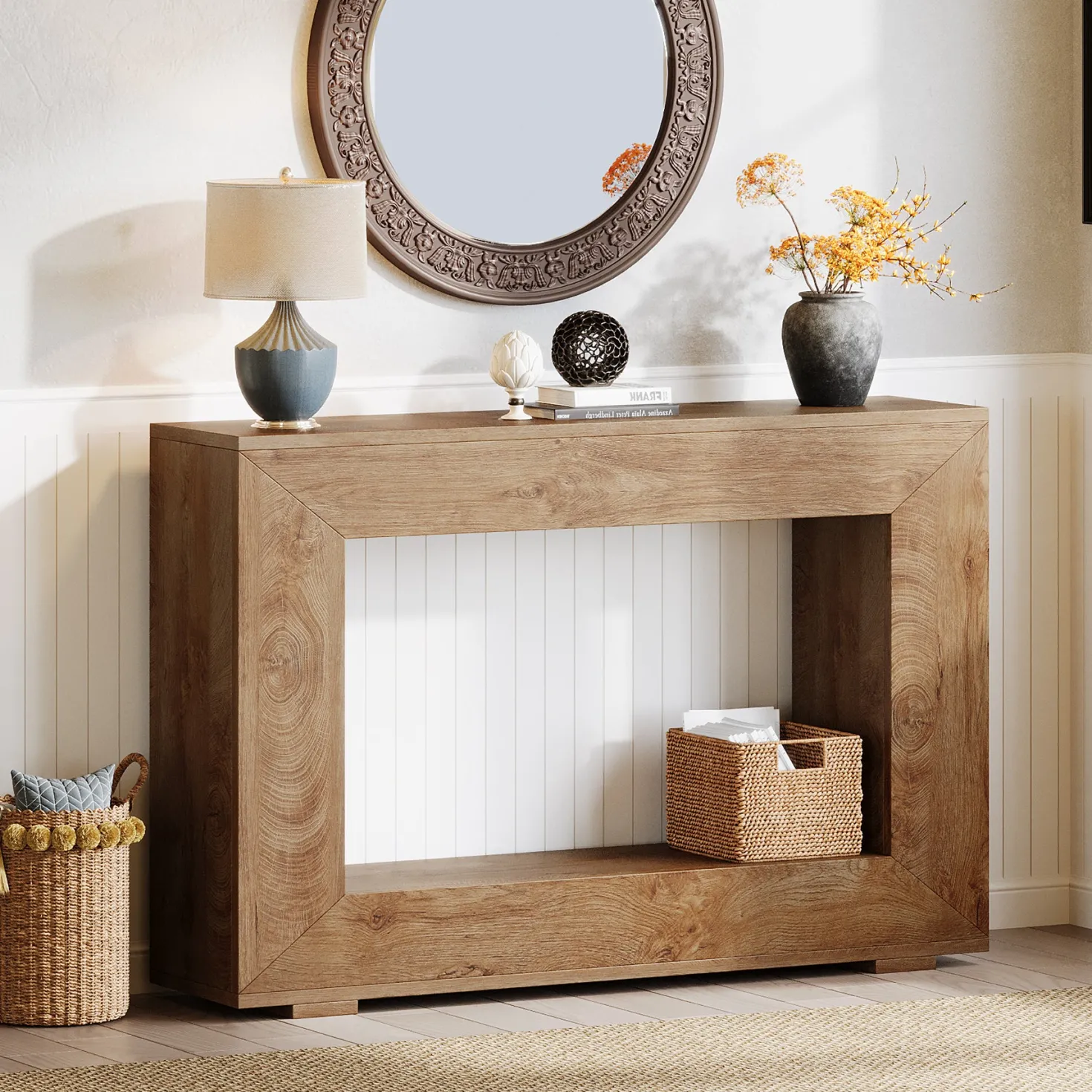 47" Farmhouse Console Table with Industrial Storage, Entryway Accent for Living Room & Entrance
