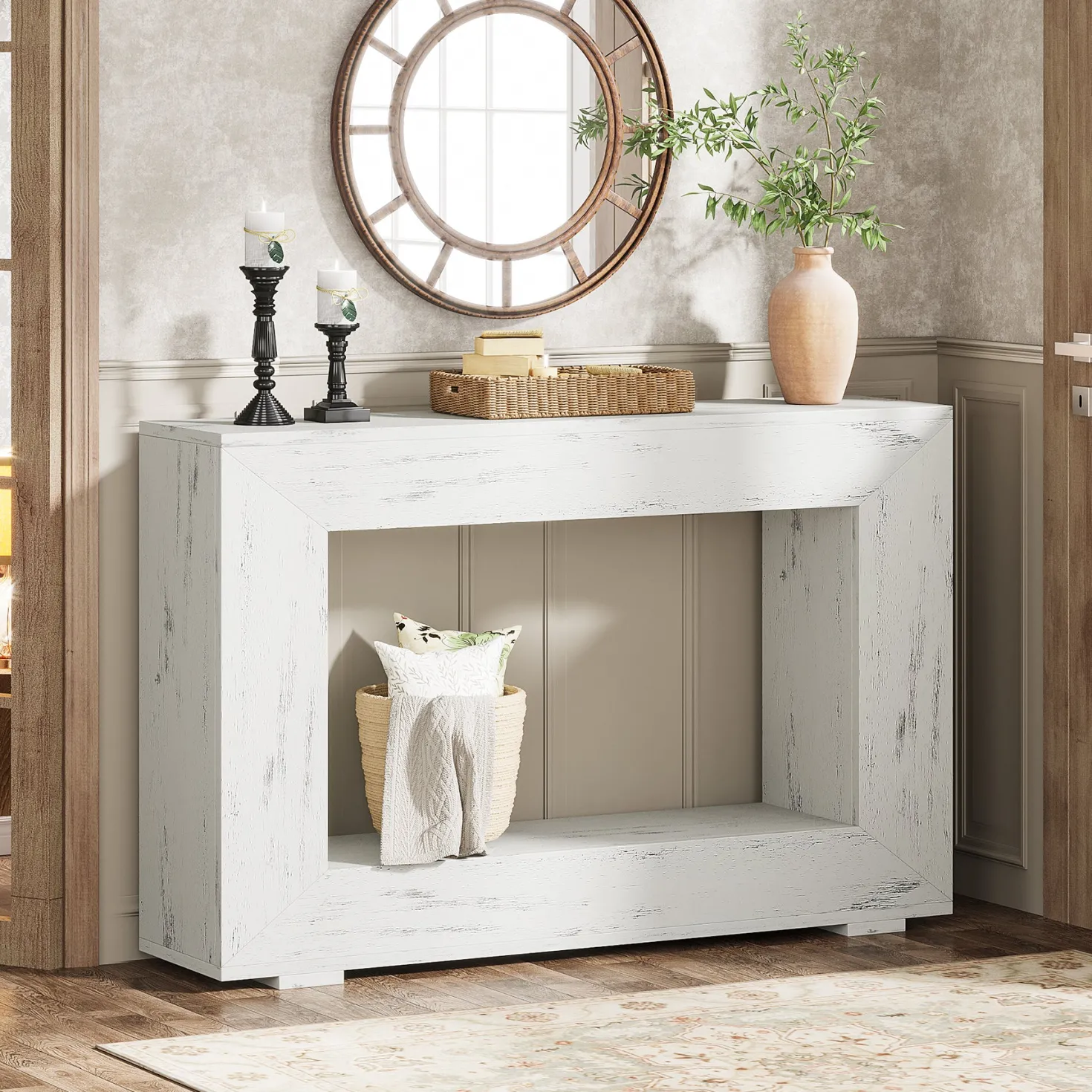 47" Farmhouse Console Table with Industrial Storage, Entryway Accent for Living Room & Entrance