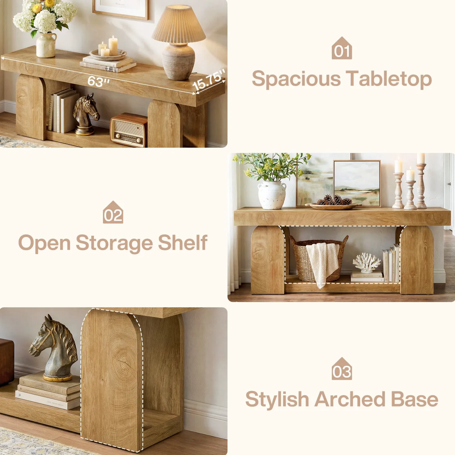 63" Farmhouse Console Table with 2-Tier Storage, Wooden Entryway Sofa Table for Hallway & Living Room