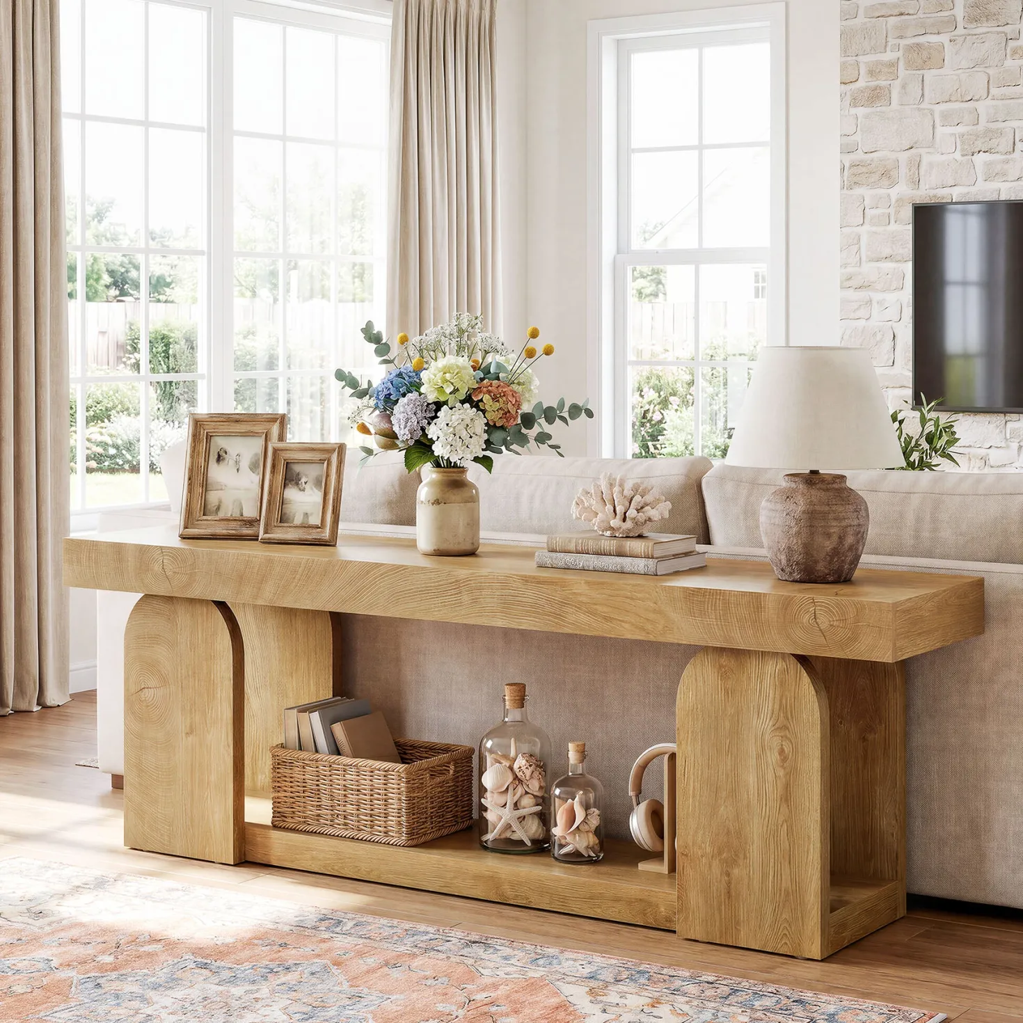 63" Farmhouse Console Table with 2-Tier Storage, Wooden Entryway Sofa Table for Hallway & Living Room