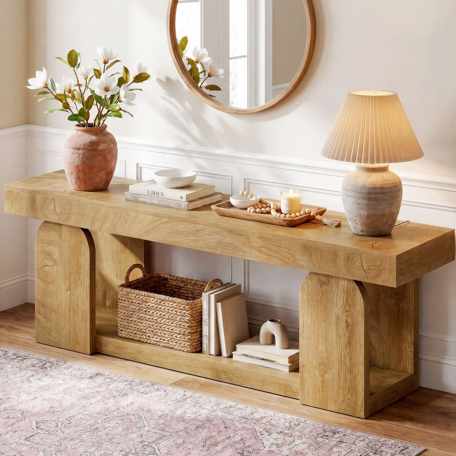 63" Farmhouse Console Table with 2-Tier Storage, Wooden Entryway Sofa Table for Hallway & Living Room