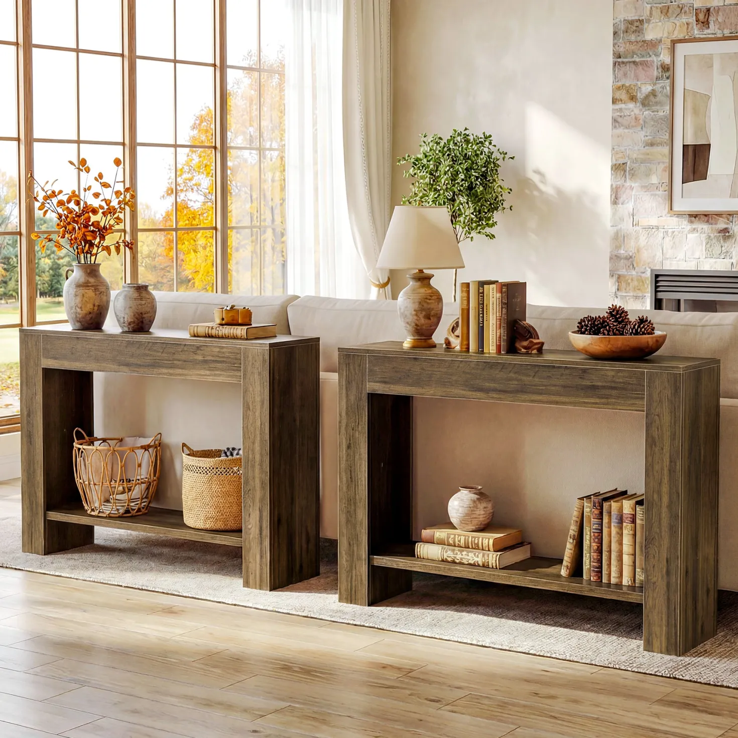 41.3” Farmhouse Console Table with 2-Tier Shelf, Narrow Entryway Sofa Table with Storage